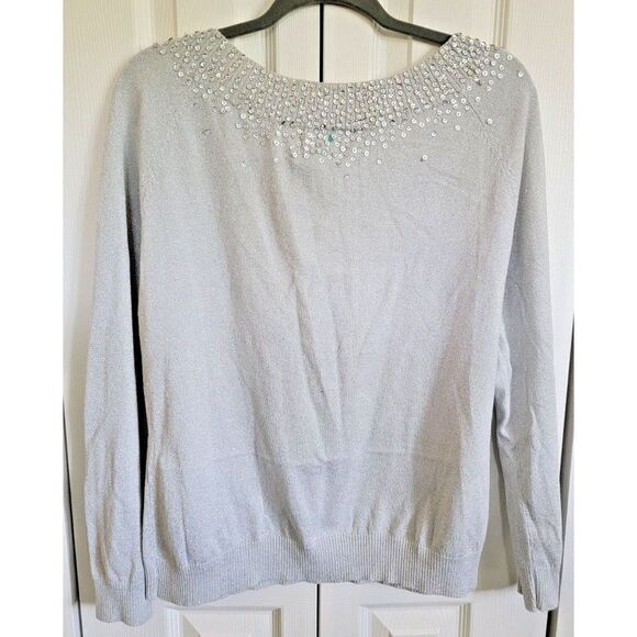 Chico's 2 Sweater Silver Pullover Lightweight Metallic Beaded Stretch Long Slv - Picture 2 of 6
